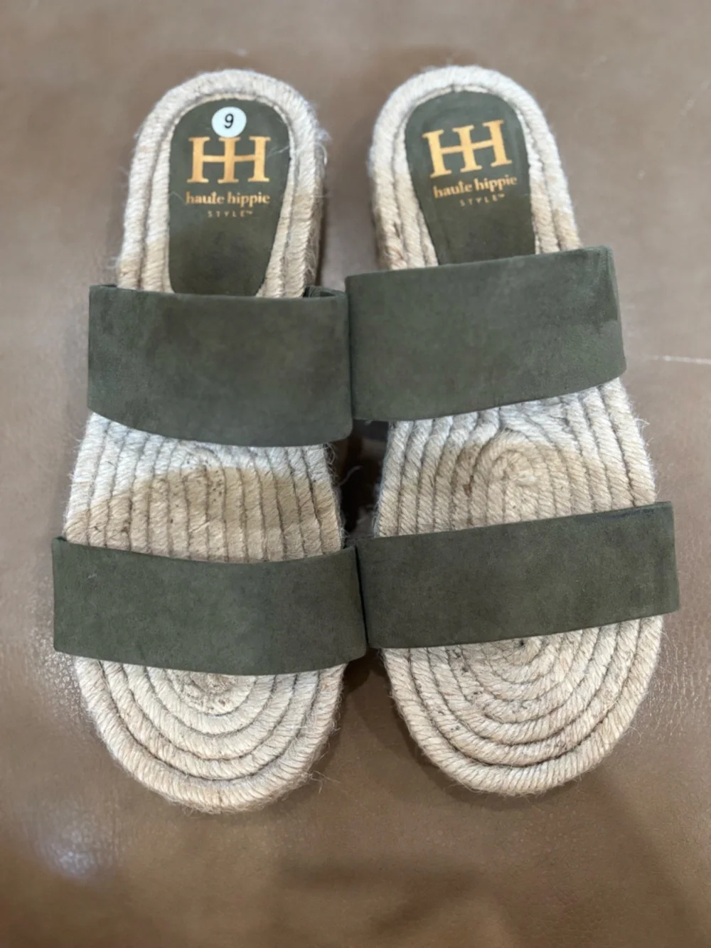 Haute Hippie boho Olive Suede Double-Strap Espadrille Slides size 9